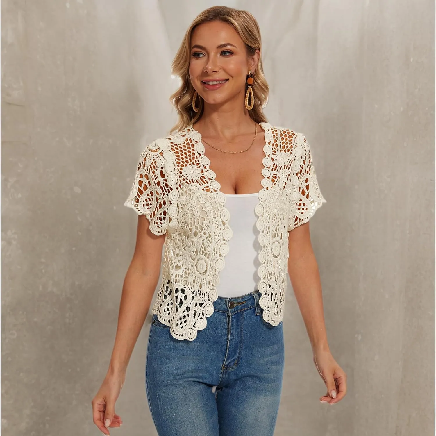 SMDPPWDBB Womens Short Sleeve Lace Shrugs Bolero Cardigan Crochet Sheer Crop Jacket