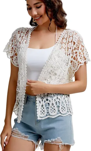SMDPPWDBB Womens Short Sleeve Lace Shrugs Bolero Cardigan Crochet Sheer Crop Jacket