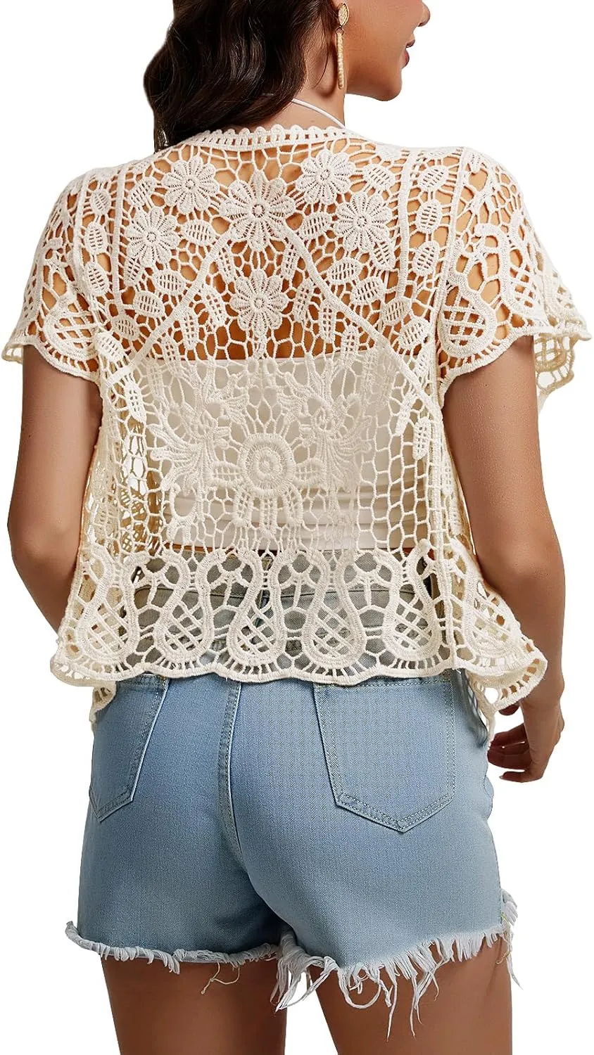 SMDPPWDBB Womens Short Sleeve Lace Shrugs Bolero Cardigan Crochet Sheer Crop Jacket