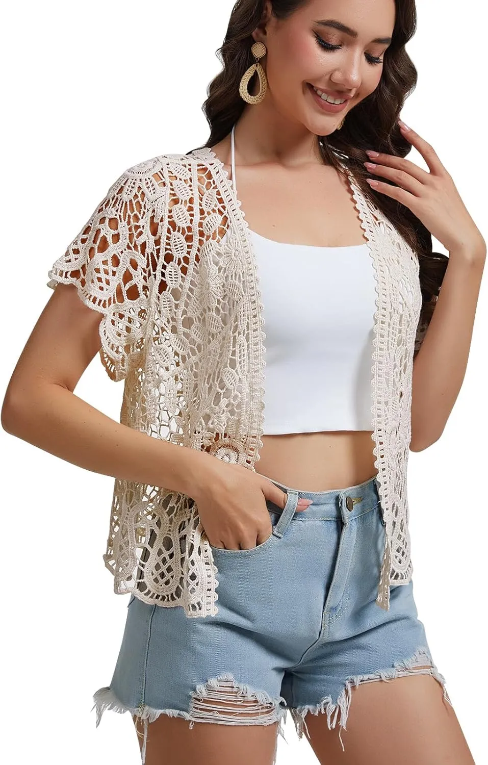 SMDPPWDBB Womens Short Sleeve Lace Shrugs Bolero Cardigan Crochet Sheer Crop Jacket