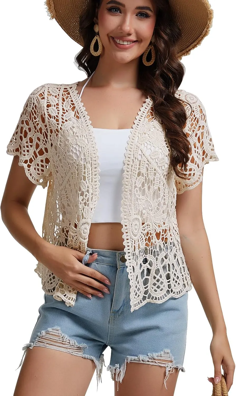 SMDPPWDBB Womens Short Sleeve Lace Shrugs Bolero Cardigan Crochet Sheer Crop Jacket