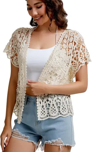 SMDPPWDBB Womens Short Sleeve Lace Shrugs Bolero Cardigan Crochet Sheer Crop Jacket