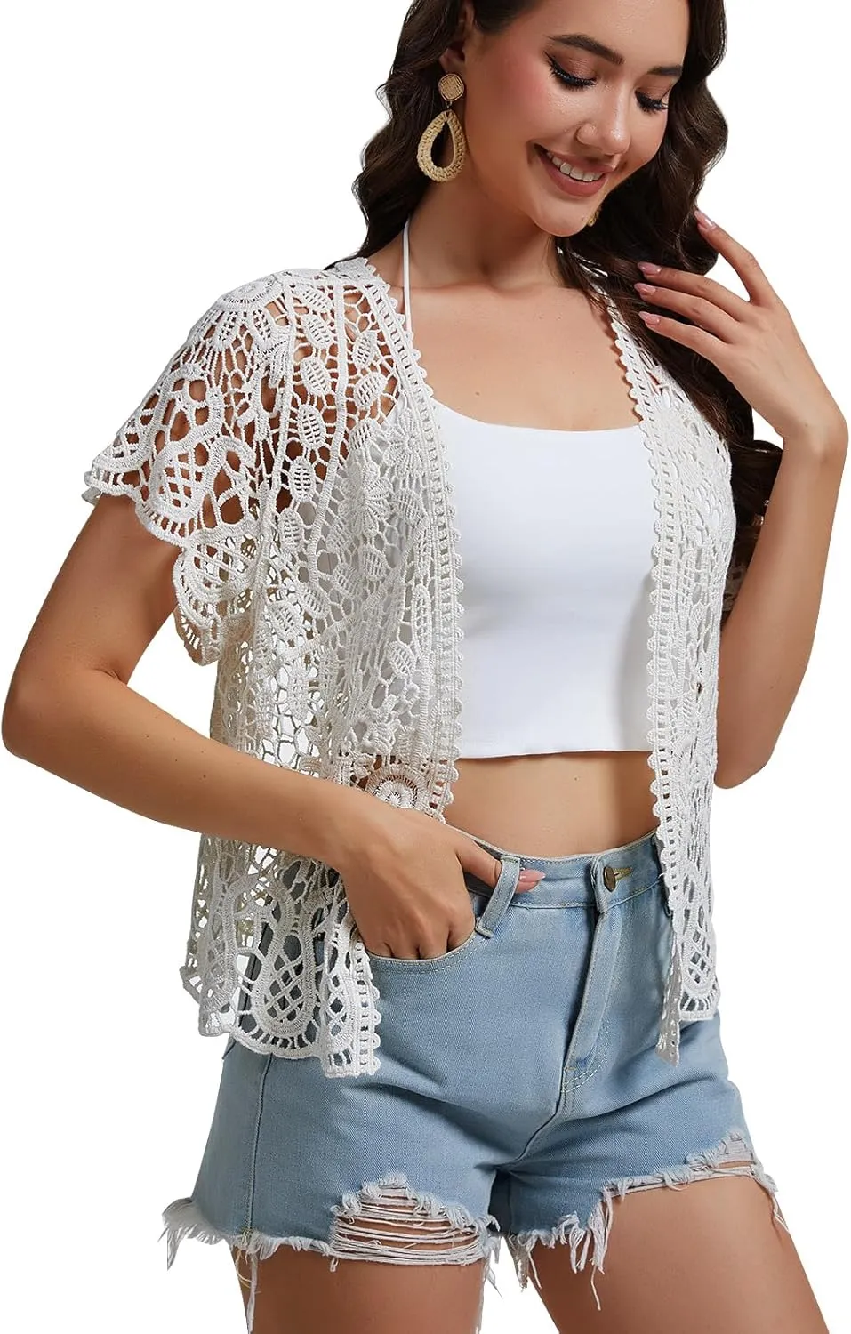 SMDPPWDBB Womens Short Sleeve Lace Shrugs Bolero Cardigan Crochet Sheer Crop Jacket