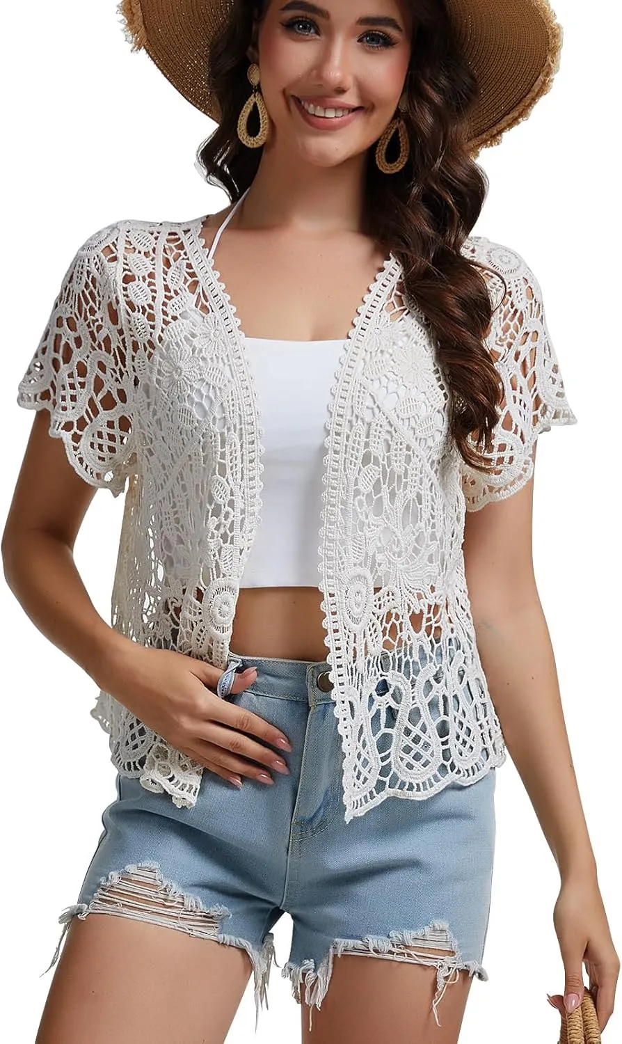 SMDPPWDBB Womens Short Sleeve Lace Shrugs Bolero Cardigan Crochet Sheer Crop Jacket