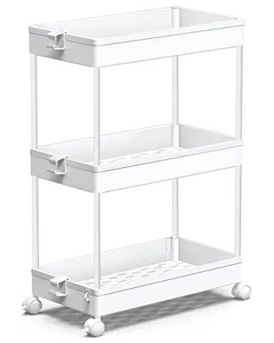 SPACEKEEPER Storage Rolling Cart, 3 Tier Laundry Room Organization Utility Cart Bathroom Organizer Mobile Shelving Unit Shelves Multi-Functional Trolley, White