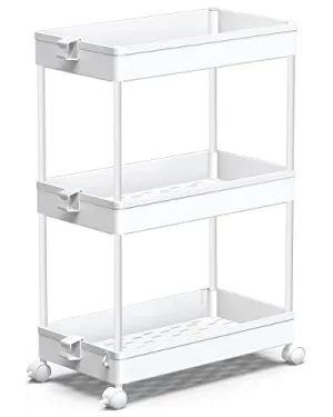 SPACEKEEPER Storage Rolling Cart, 3 Tier Laundry Room Organization Utility Cart Bathroom Organizer Mobile Shelving Unit Shelves Multi-Functional Trolley, White