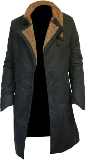 SpazeUp Men's Officer K 2049 Costume Coat Jacket - Black Cotton Trench Coat with Faux Fur Collar