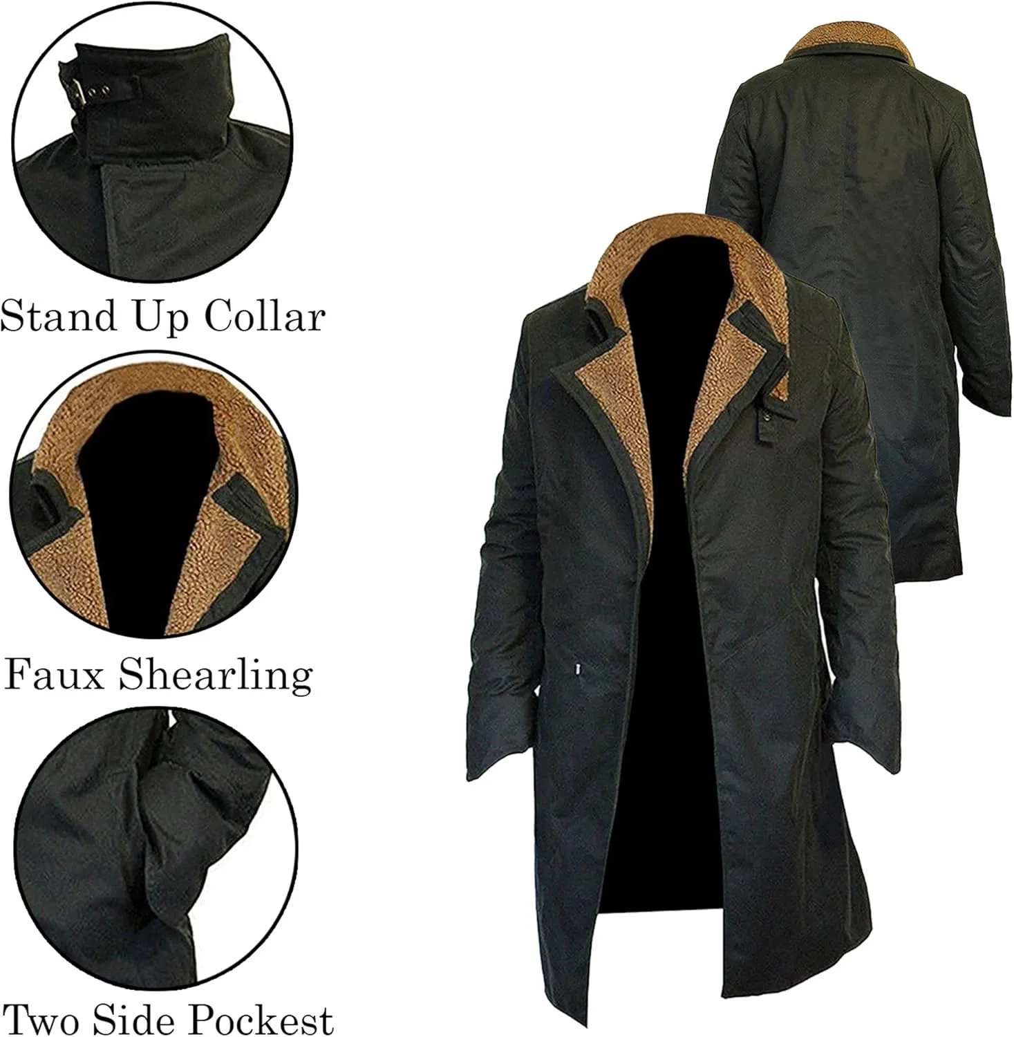 SpazeUp Men's Officer K 2049 Costume Coat Jacket - Black Cotton Trench Coat with Faux Fur Collar