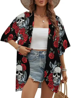 Summer Casual Short Sleeve Beach Kimono Coverup, Loose Fit Blouse Top Fashion Open Front Cardigan