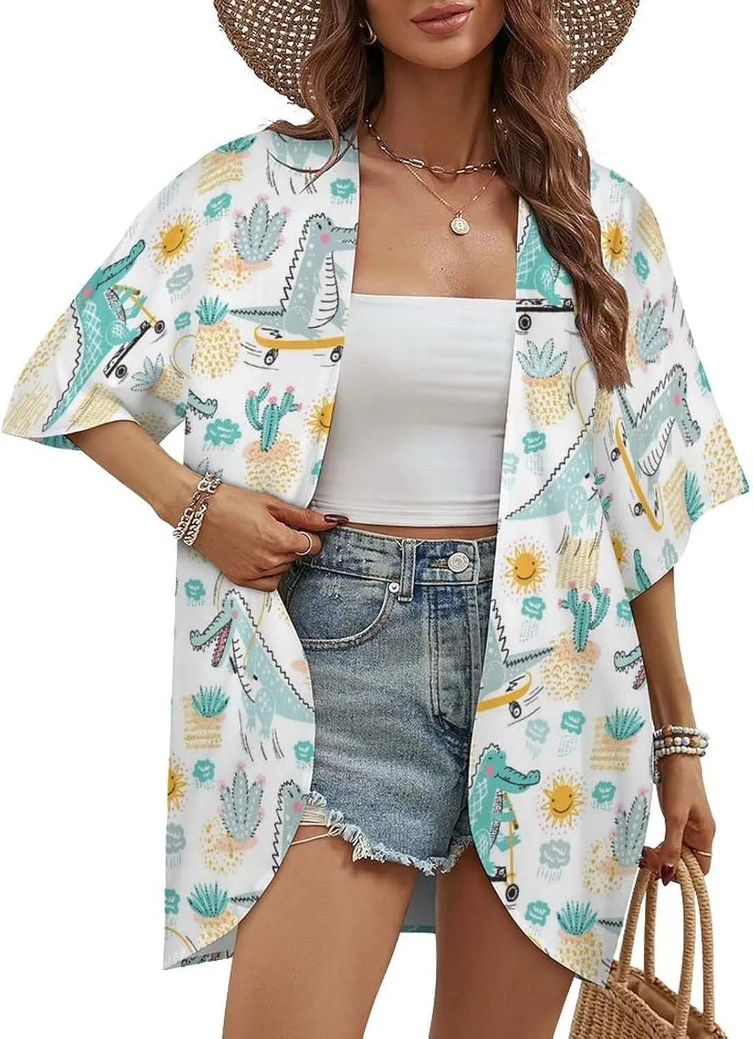 Summer Casual Short Sleeve Beach Kimono Coverup, Loose Fit Blouse Top Fashion Open Front Cardigan