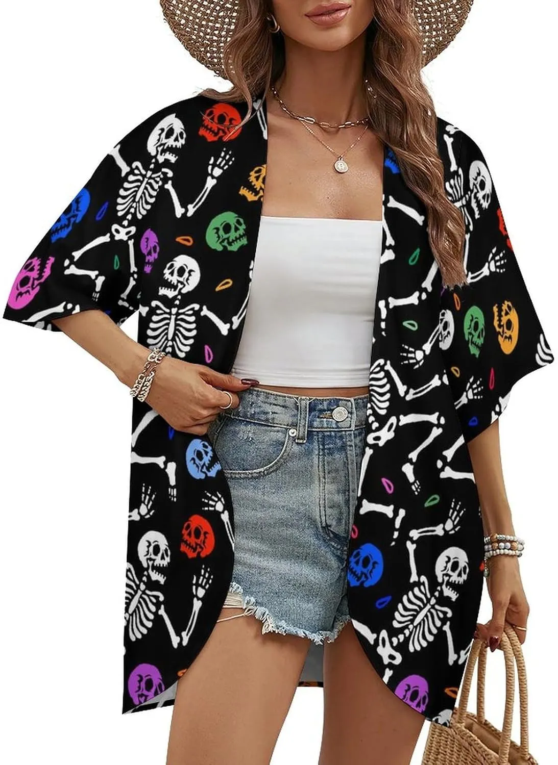 Summer Casual Short Sleeve Beach Kimono Coverup, Loose Fit Blouse Top Fashion Open Front Cardigan