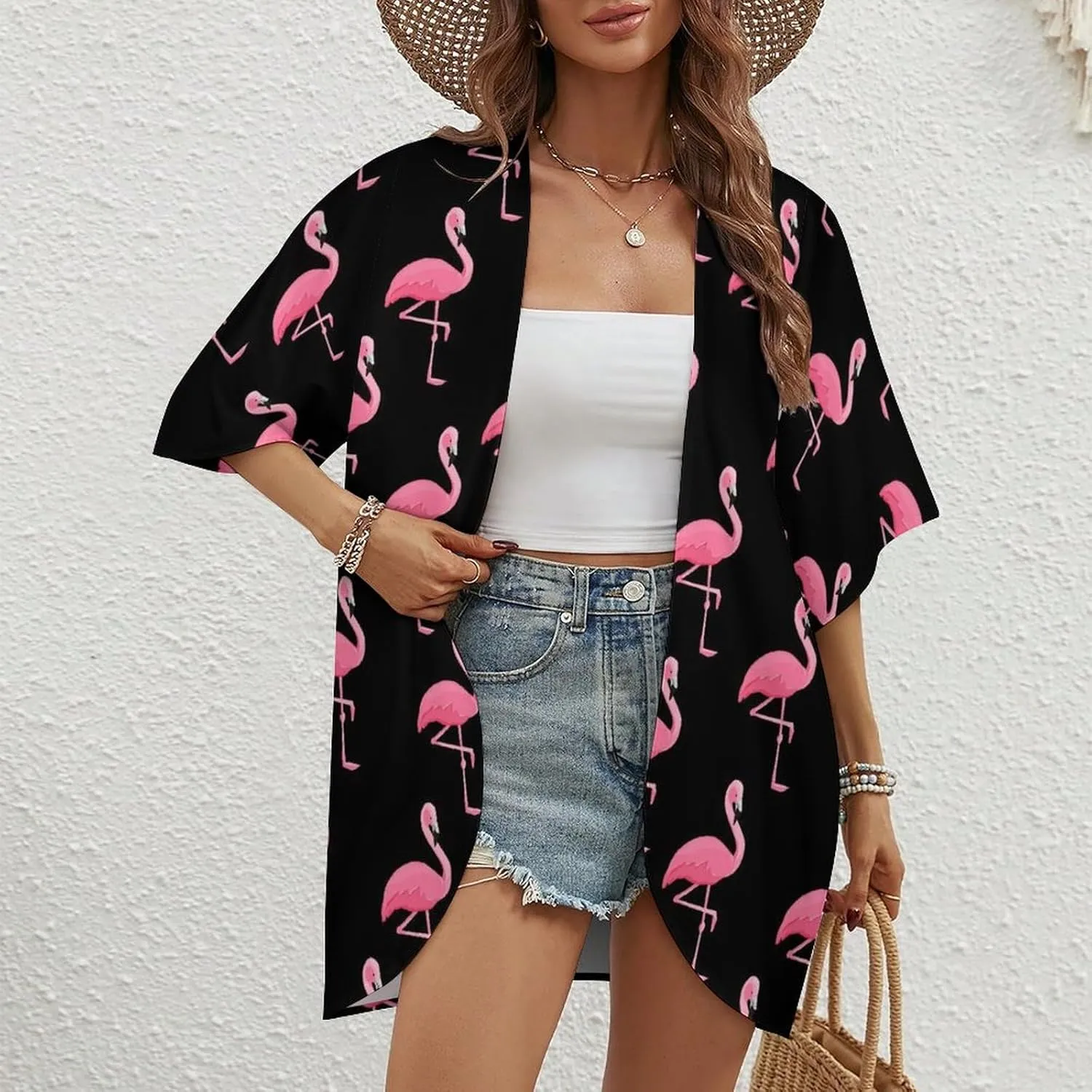 Summer Casual Short Sleeve Beach Kimono Coverup, Loose Fit Blouse Top Fashion Open Front Cardigan