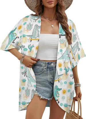 Summer Casual Short Sleeve Beach Kimono Coverup, Loose Fit Blouse Top Fashion Open Front Cardigan