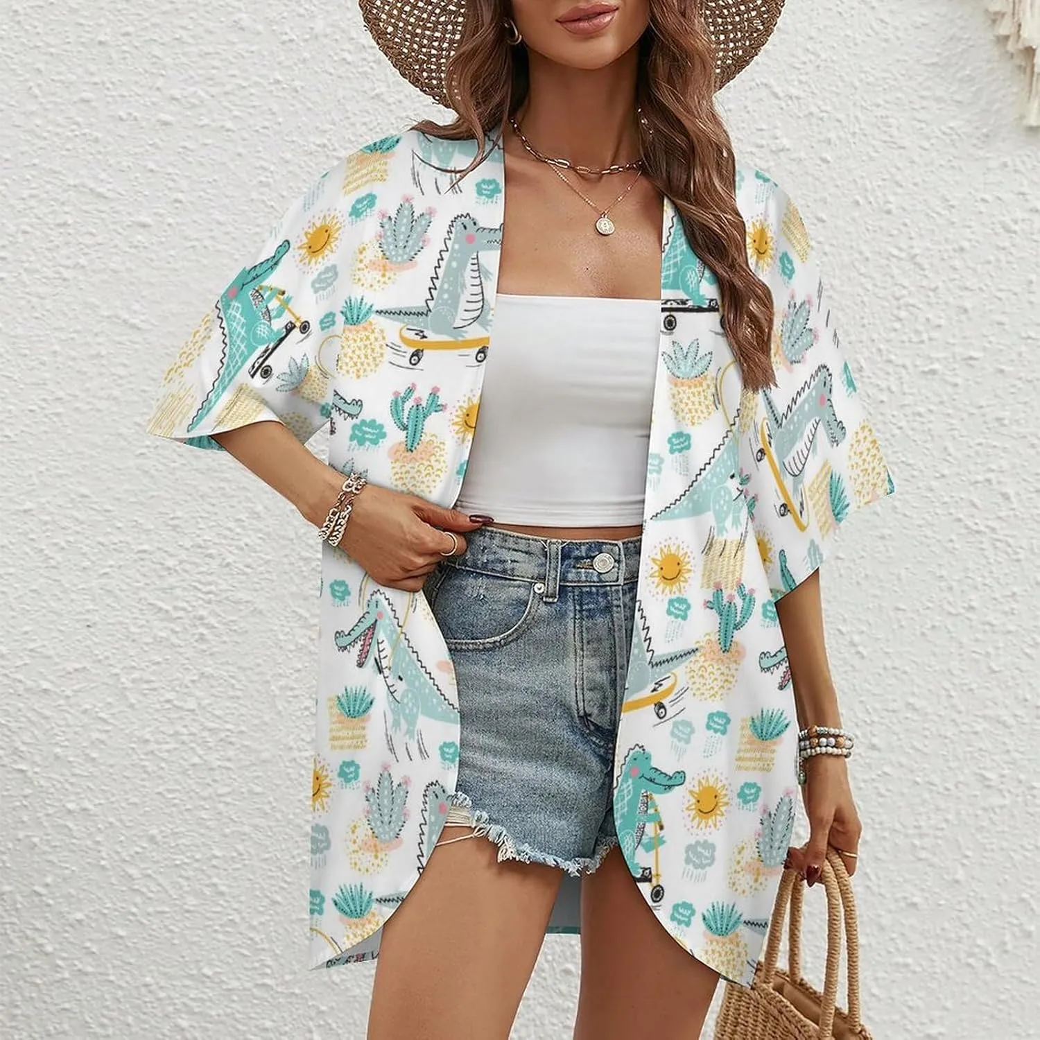 Summer Casual Short Sleeve Beach Kimono Coverup, Loose Fit Blouse Top Fashion Open Front Cardigan