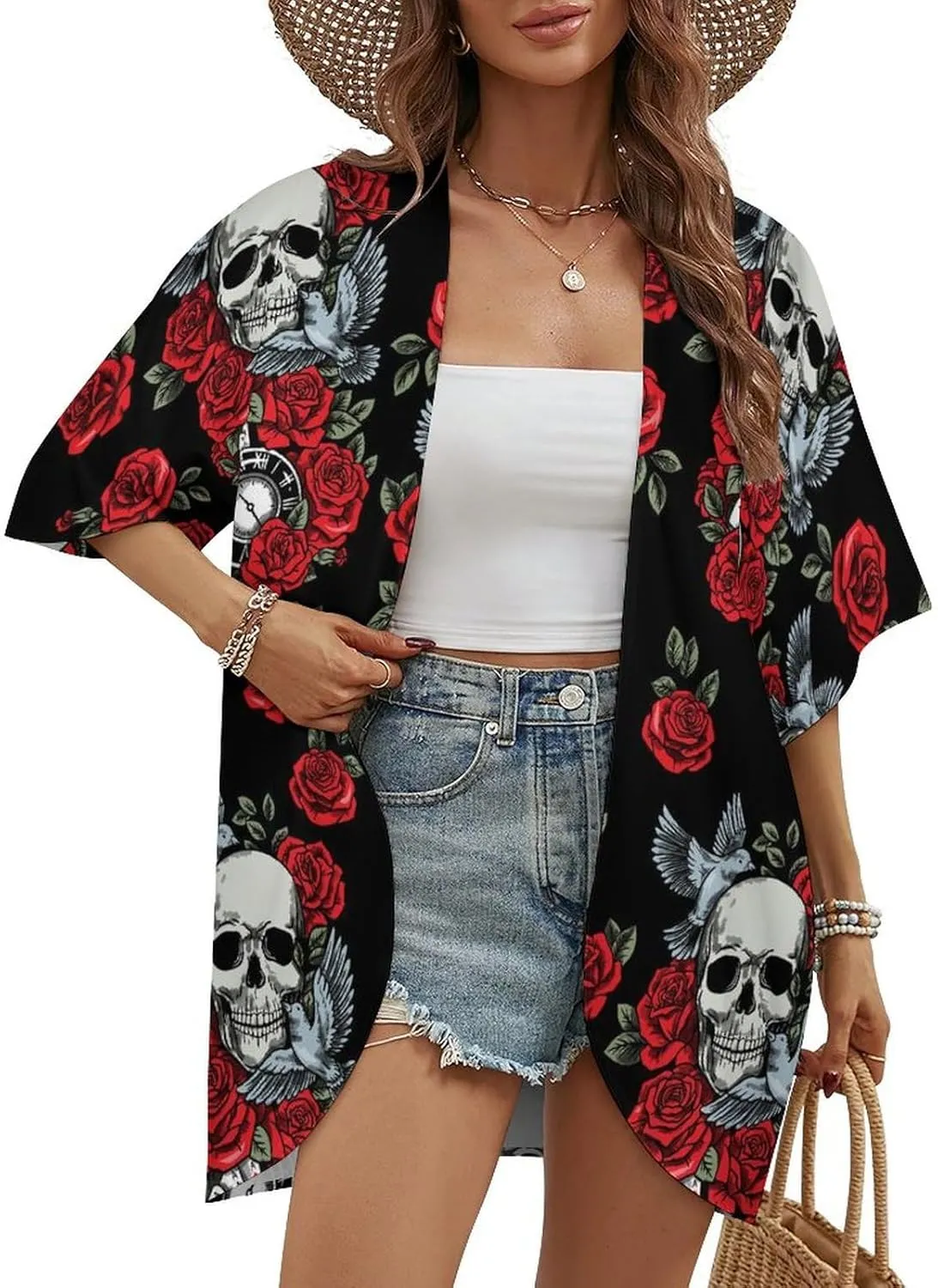 Summer Casual Short Sleeve Beach Kimono Coverup, Loose Fit Blouse Top Fashion Open Front Cardigan