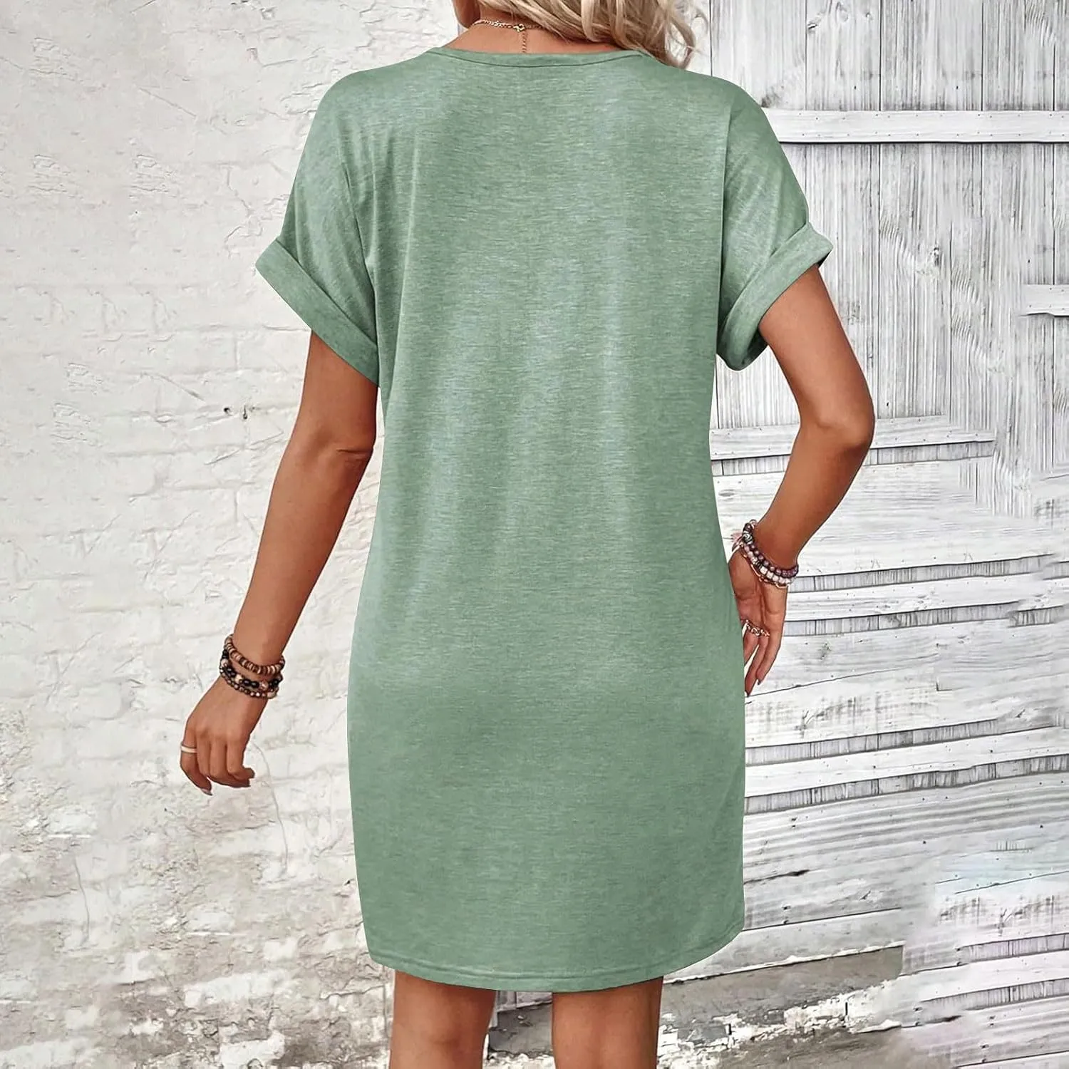 Summer Dresses for Women 2025 V Neck Dressy Casual Elegant Party Dress Trendy Rolled-Up Short Sleeve Beach Mini Dress
