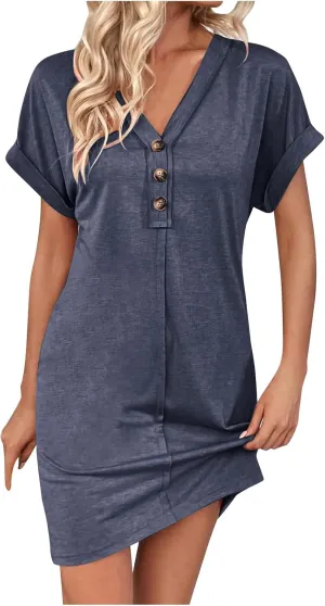 Summer Dresses for Women 2025 V Neck Dressy Casual Elegant Party Dress Trendy Rolled-Up Short Sleeve Beach Mini Dress