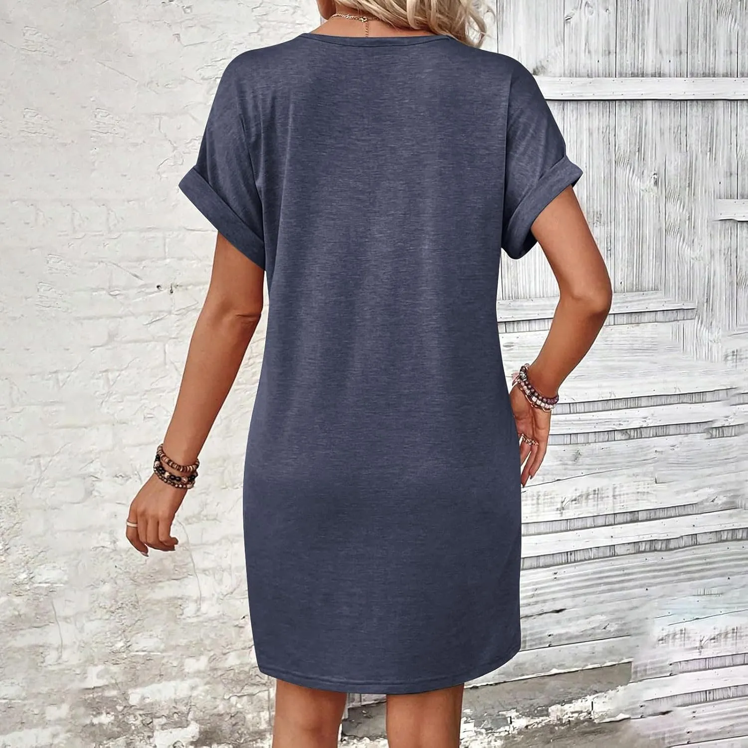 Summer Dresses for Women 2025 V Neck Dressy Casual Elegant Party Dress Trendy Rolled-Up Short Sleeve Beach Mini Dress