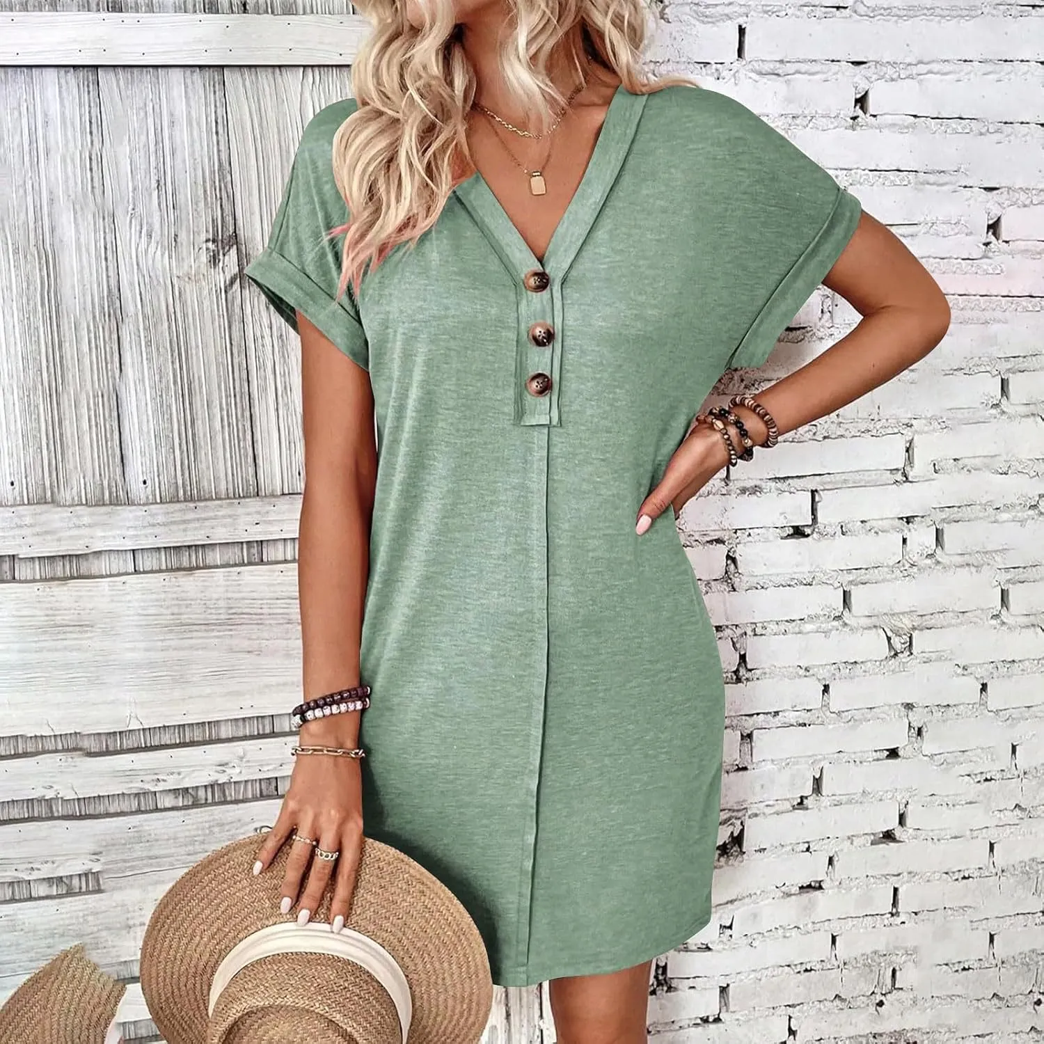 Summer Dresses for Women 2025 V Neck Dressy Casual Elegant Party Dress Trendy Rolled-Up Short Sleeve Beach Mini Dress