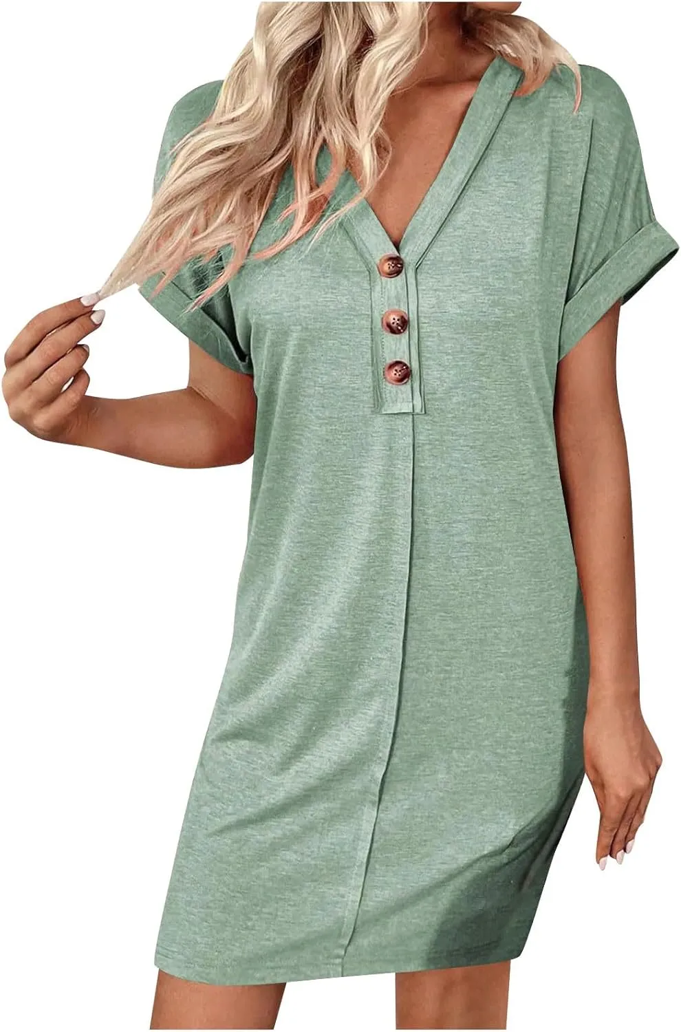 Summer Dresses for Women 2025 V Neck Dressy Casual Elegant Party Dress Trendy Rolled-Up Short Sleeve Beach Mini Dress