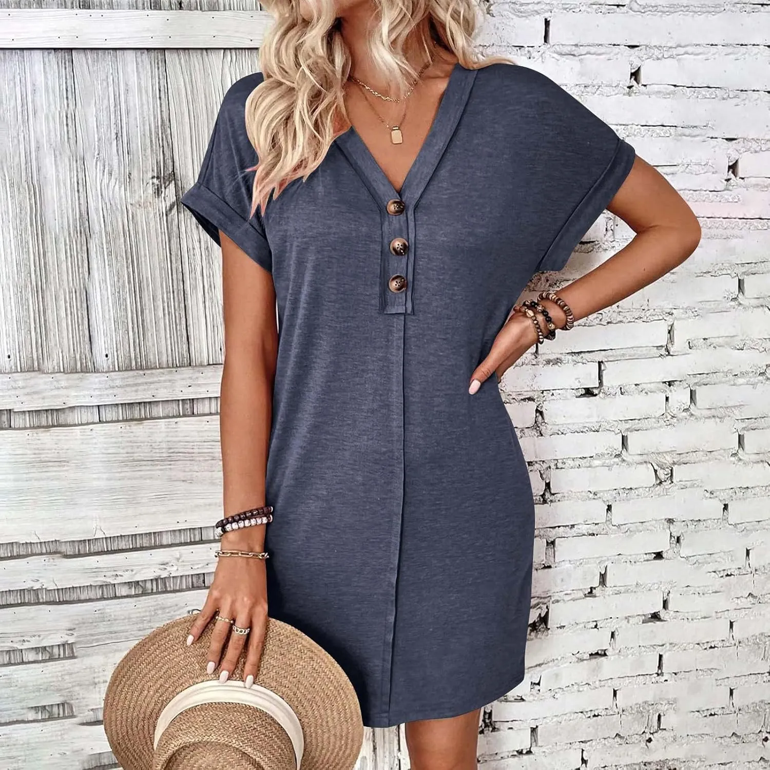 Summer Dresses for Women 2025 V Neck Dressy Casual Elegant Party Dress Trendy Rolled-Up Short Sleeve Beach Mini Dress