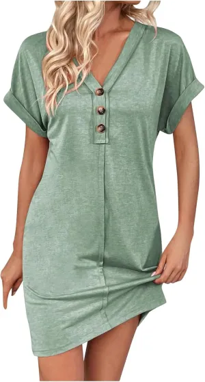 Summer Dresses for Women 2025 V Neck Dressy Casual Elegant Party Dress Trendy Rolled-Up Short Sleeve Beach Mini Dress