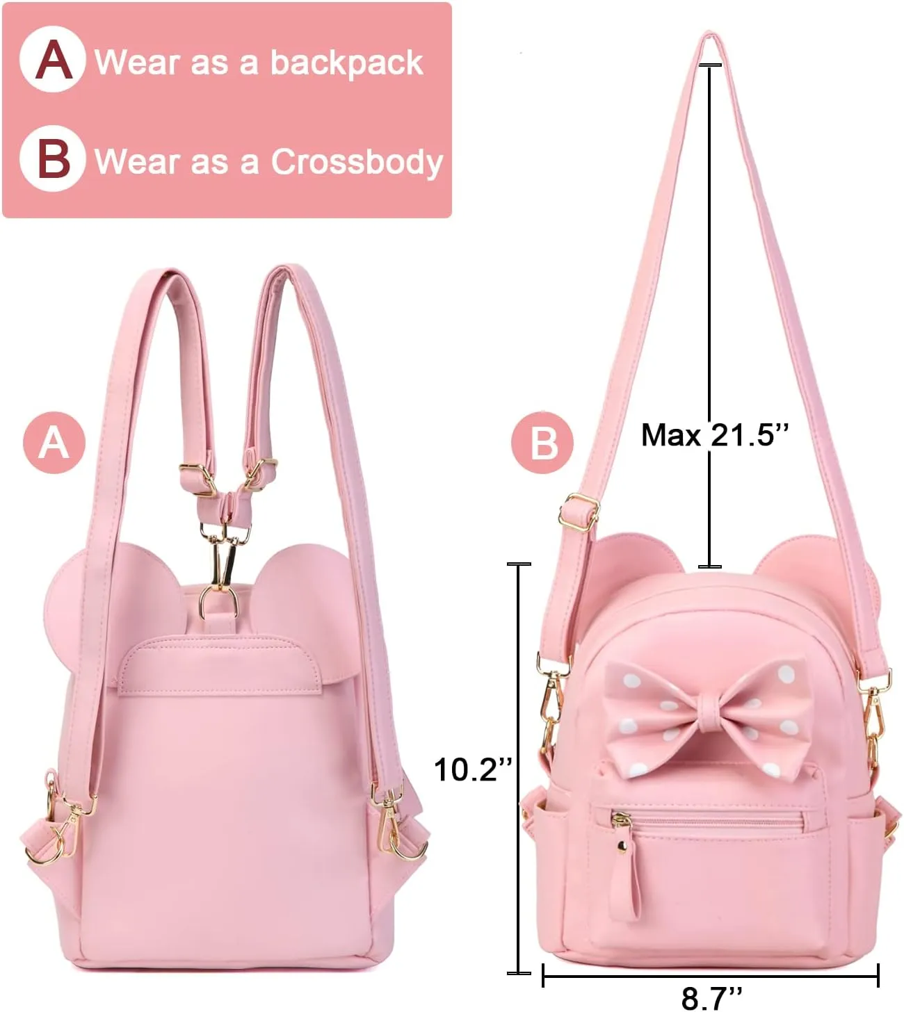 Sunwel Fashion Girls Mini Backpack Purse Mouse Ear Polka-dot Sequin Bow Convertible Backpack to Crossbody Bag for Women (pink polkadot bow, W8.7 x H10)