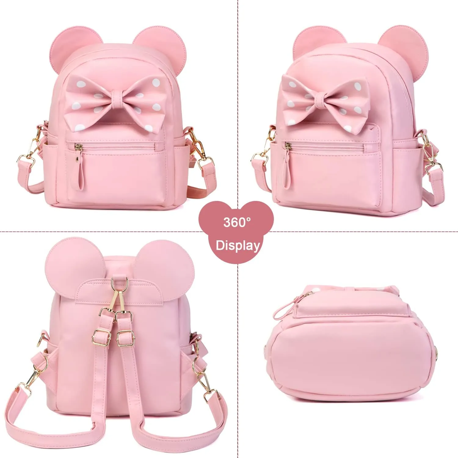 Sunwel Fashion Girls Mini Backpack Purse Mouse Ear Polka-dot Sequin Bow Convertible Backpack to Crossbody Bag for Women (pink polkadot bow, W8.7 x H10)