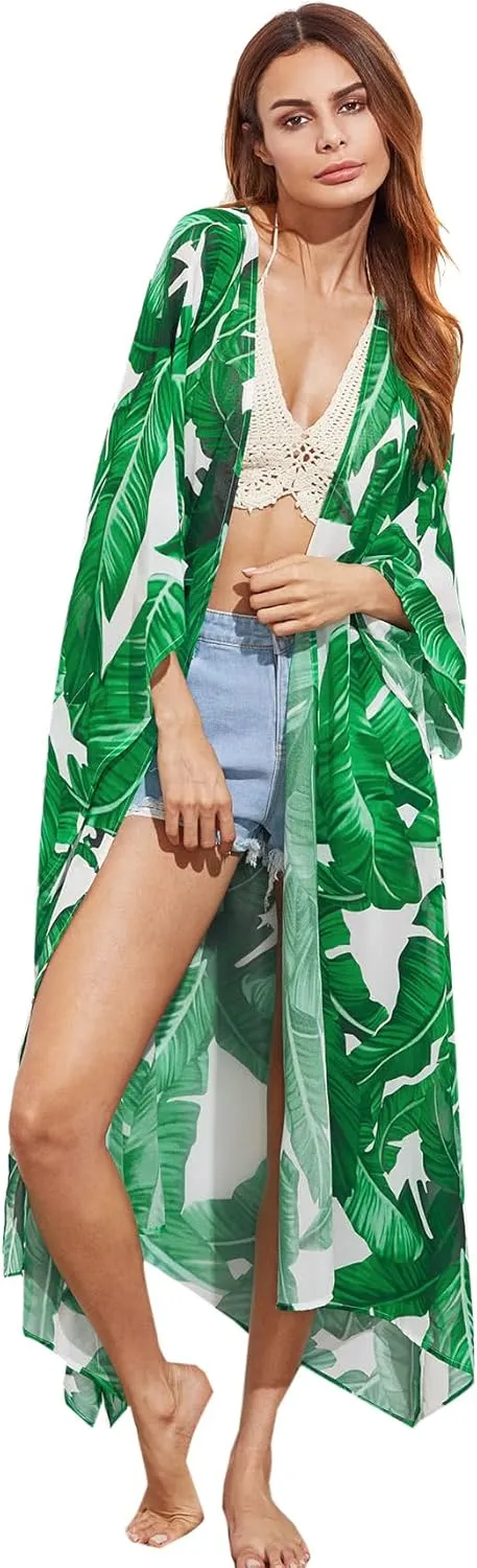 SweatyRocks Women's Flowy Kimono Cardigan Open Front Maxi Dress