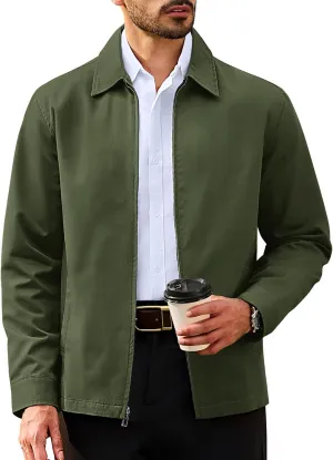 TACVASEN Men's Cotton Jacket Full Zip Up Lightweight Jackets Turndown Collar Business Casual Windbreaker with 3 Pockets