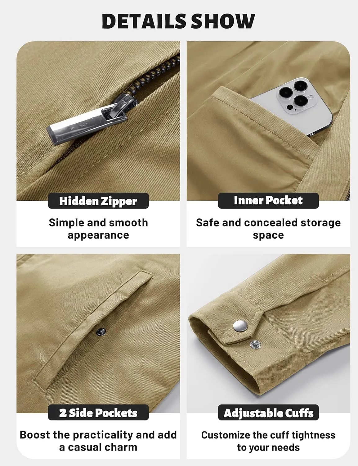 TACVASEN Men's Cotton Jacket Full Zip Up Lightweight Jackets Turndown Collar Business Casual Windbreaker with 3 Pockets