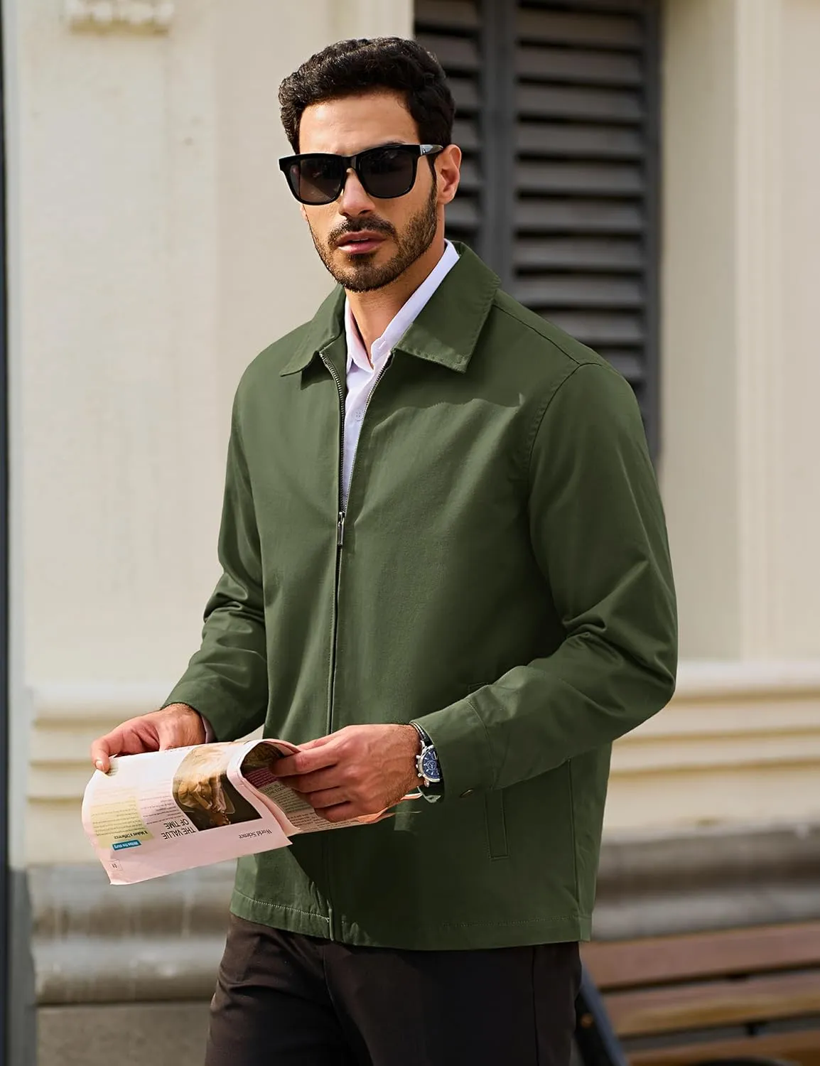 TACVASEN Men's Cotton Jacket Full Zip Up Lightweight Jackets Turndown Collar Business Casual Windbreaker with 3 Pockets