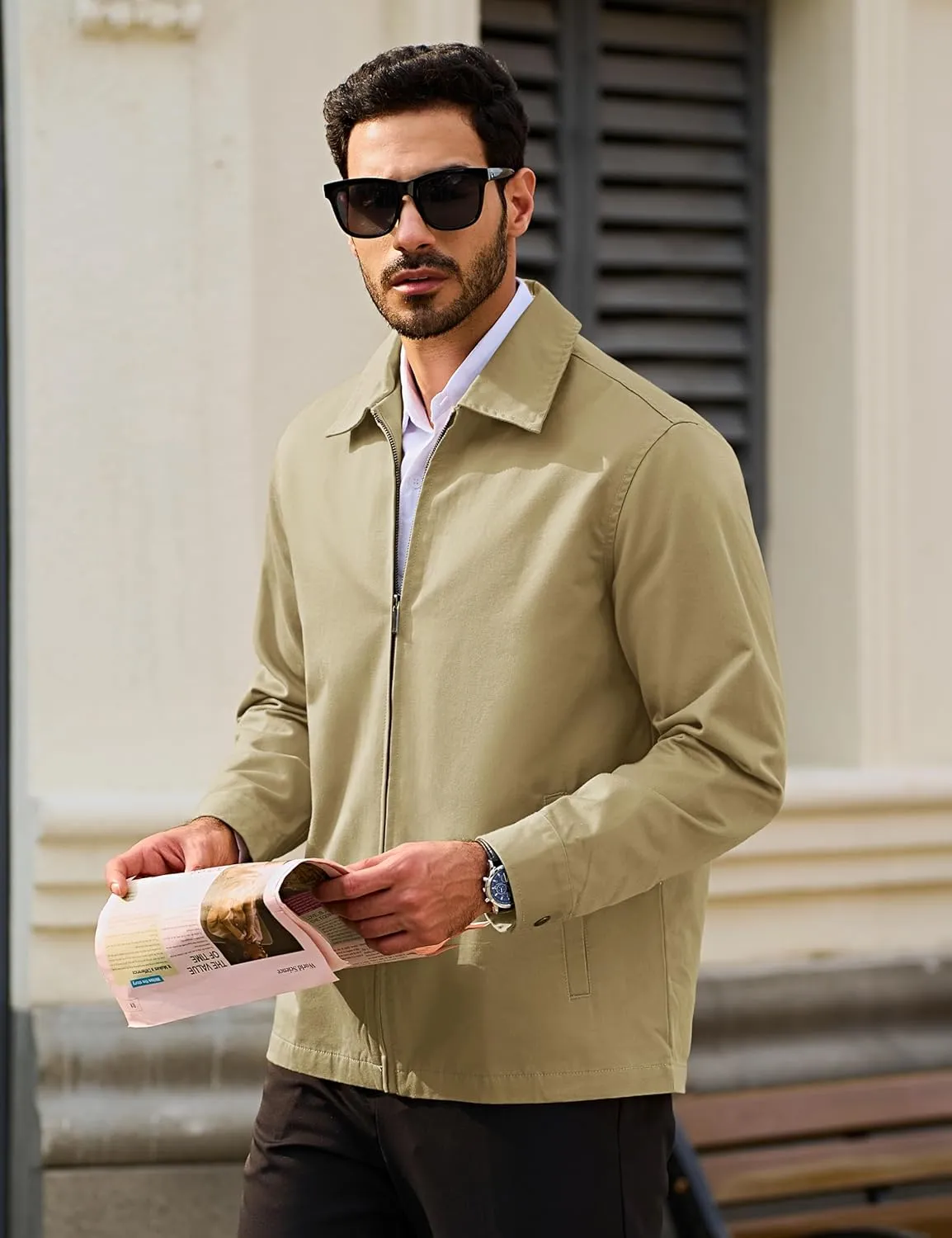 TACVASEN Men's Cotton Jacket Full Zip Up Lightweight Jackets Turndown Collar Business Casual Windbreaker with 3 Pockets