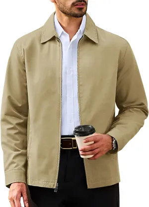 TACVASEN Men's Cotton Jacket Full Zip Up Lightweight Jackets Turndown Collar Business Casual Windbreaker with 3 Pockets