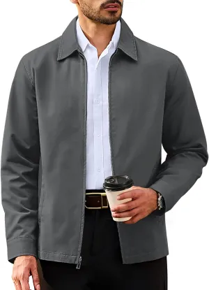 TACVASEN Men's Cotton Jacket Full Zip Up Lightweight Jackets Turndown Collar Business Casual Windbreaker with 3 Pockets