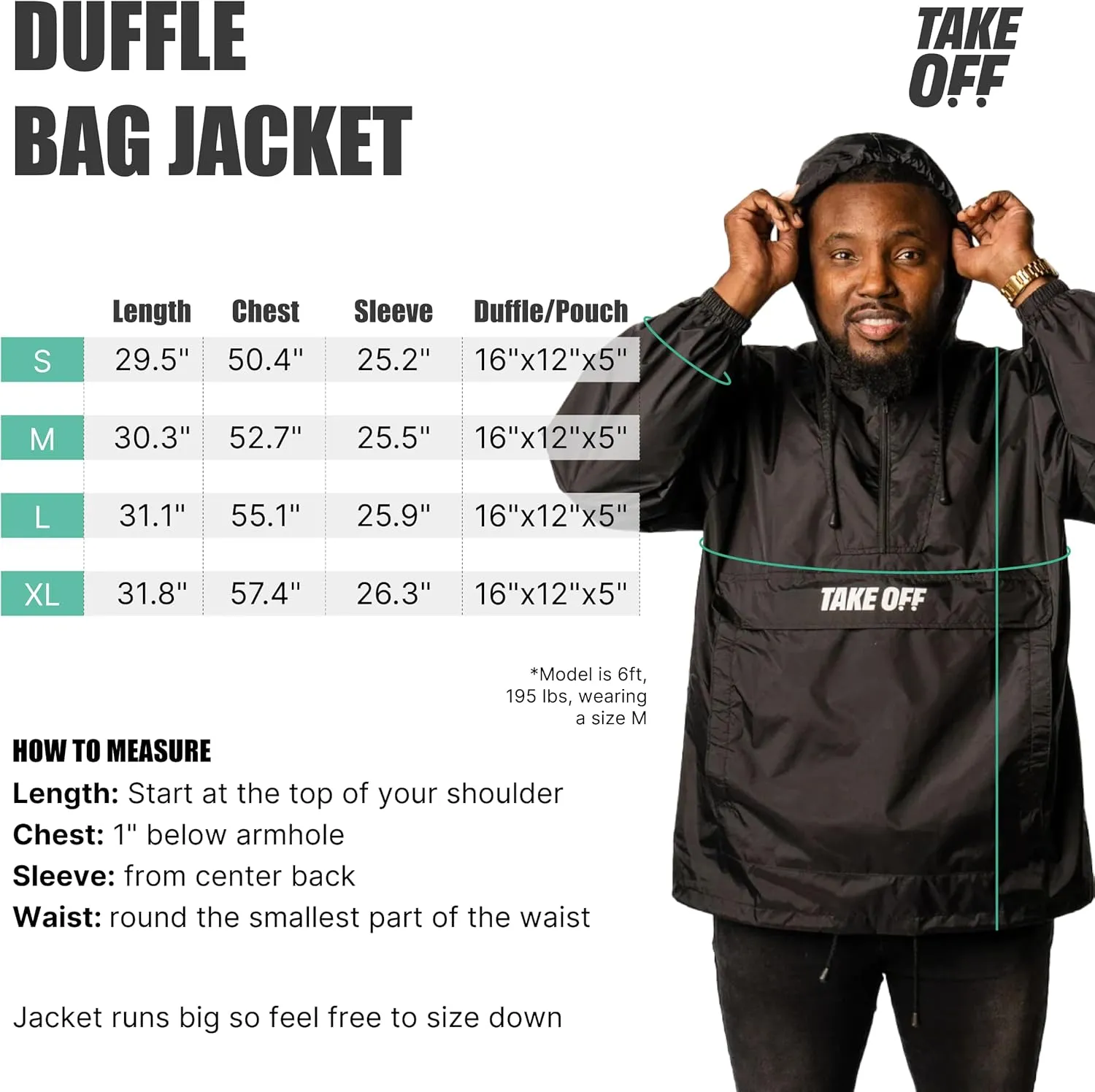 TAKE OFF 3-in-1 Convertible Waterproof Rain Jacket & Travel Duffle Bag for Men & Women  Lightweight Packable Windbreaker with Kangaroo Pocket, Go from Pouch to Jacket for Commuting, Hiking & Outdoors