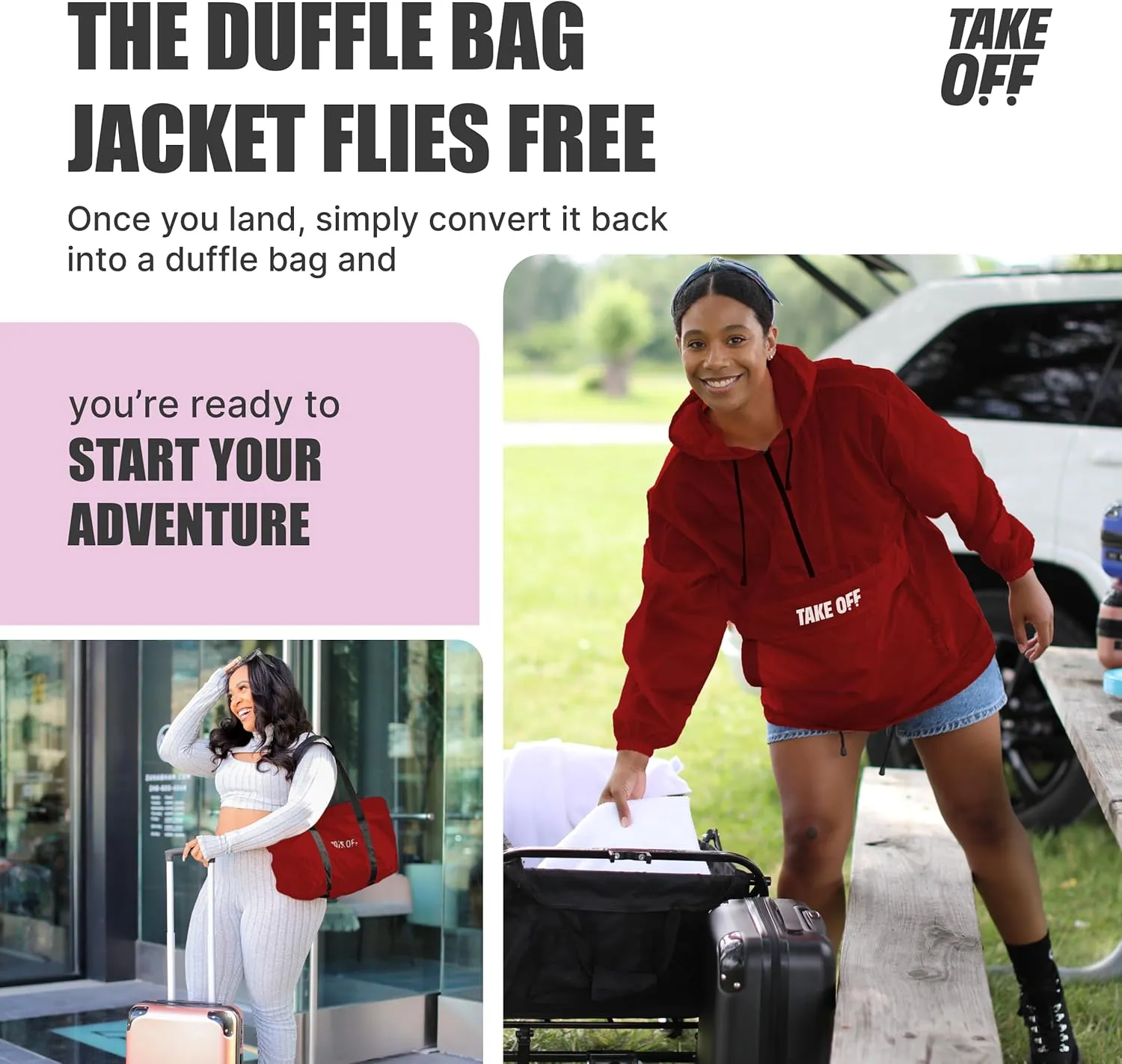 TAKE OFF 3-in-1 Convertible Waterproof Rain Jacket & Travel Duffle Bag for Men & Women  Lightweight Packable Windbreaker with Kangaroo Pocket, Go from Pouch to Jacket for Commuting, Hiking & Outdoors