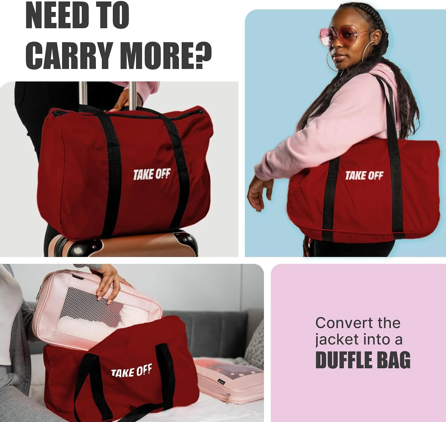 TAKE OFF 3-in-1 Convertible Waterproof Rain Jacket & Travel Duffle Bag for Men & Women  Lightweight Packable Windbreaker with Kangaroo Pocket, Go from Pouch to Jacket for Commuting, Hiking & Outdoors