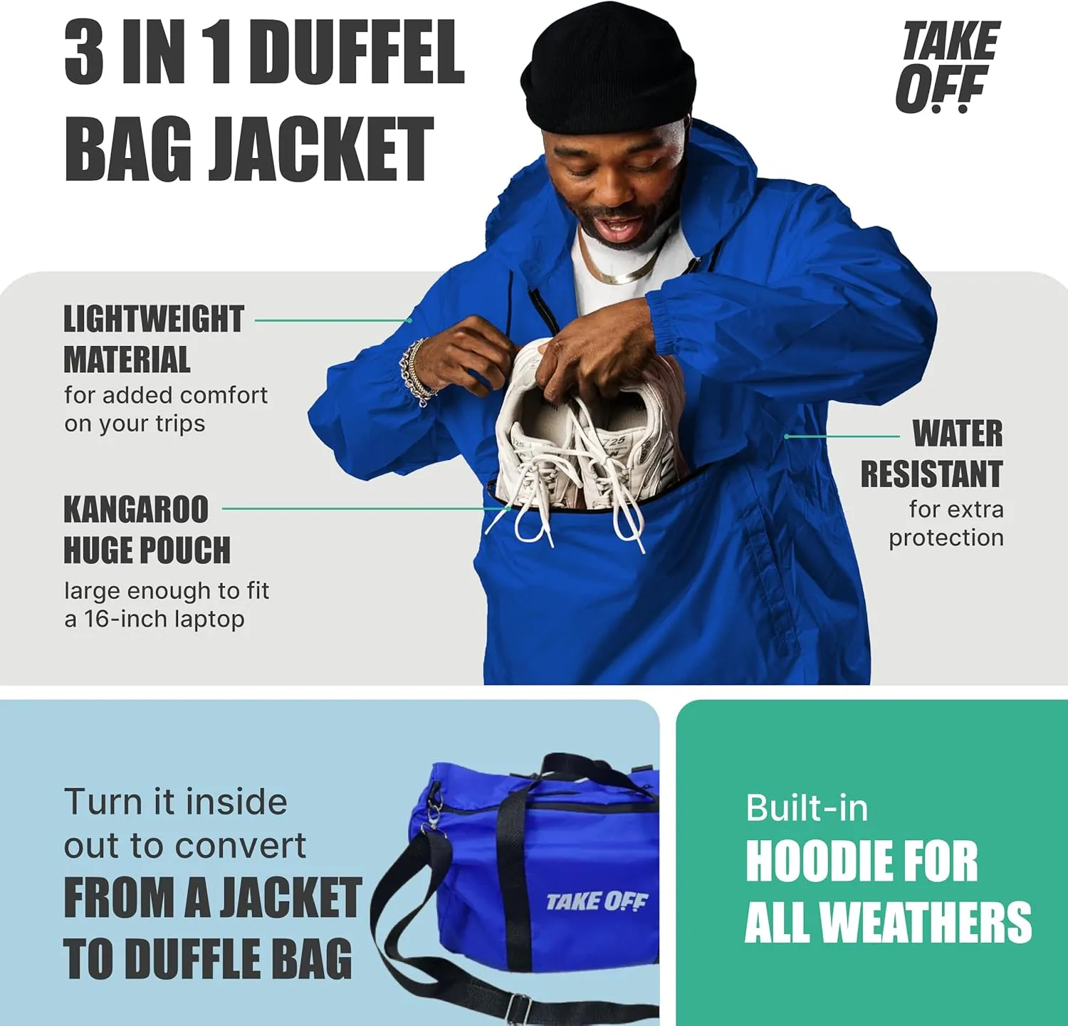 TAKE OFF 3-in-1 Convertible Waterproof Rain Jacket & Travel Duffle Bag for Men & Women  Lightweight Packable Windbreaker with Kangaroo Pocket, Go from Pouch to Jacket for Commuting, Hiking & Outdoors