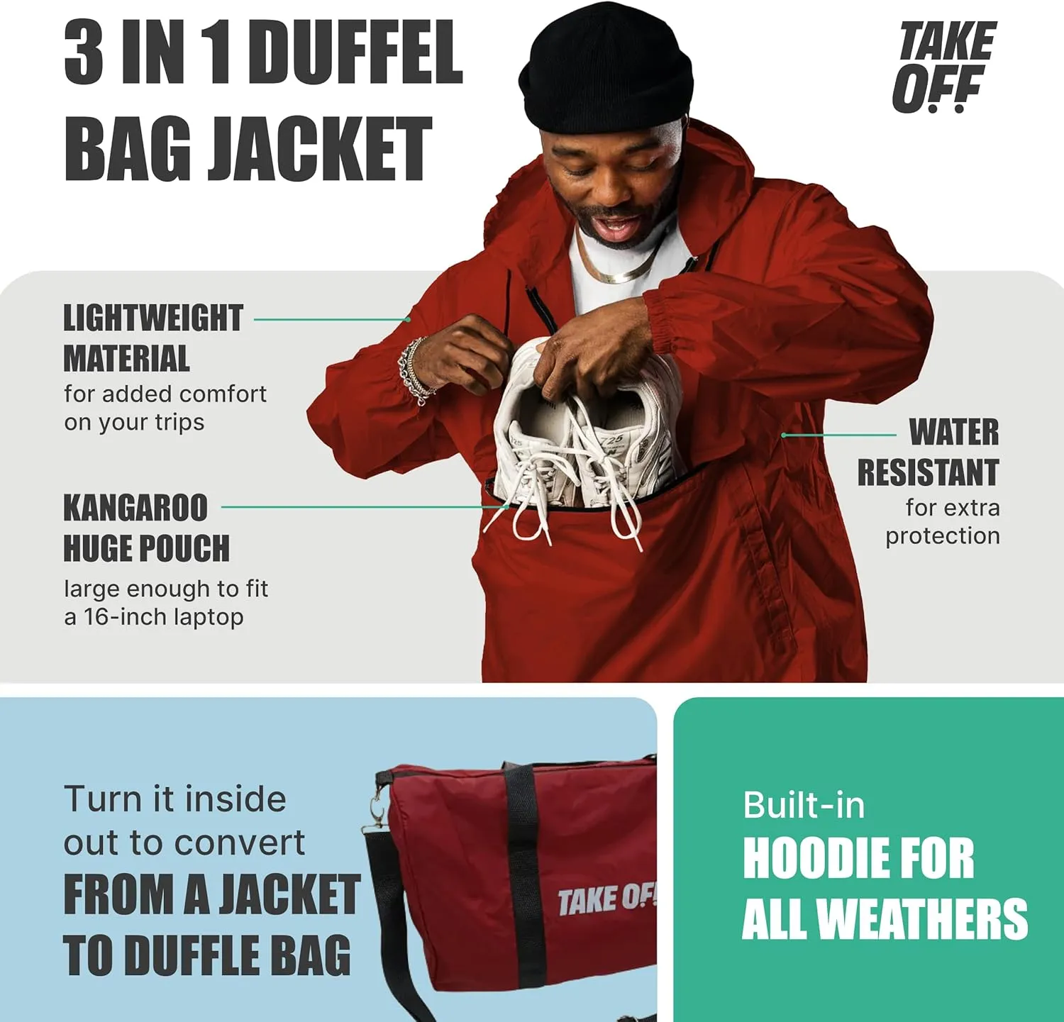 TAKE OFF 3-in-1 Convertible Waterproof Rain Jacket & Travel Duffle Bag for Men & Women  Lightweight Packable Windbreaker with Kangaroo Pocket, Go from Pouch to Jacket for Commuting, Hiking & Outdoors