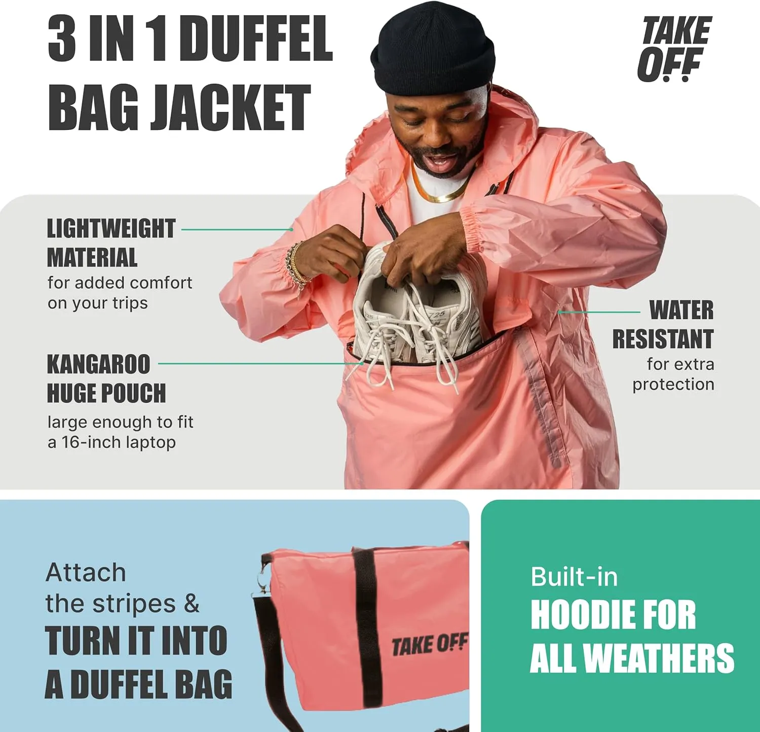 TAKE OFF 3-in-1 Convertible Waterproof Rain Jacket & Travel Duffle Bag for Men & Women  Lightweight Packable Windbreaker with Kangaroo Pocket, Go from Pouch to Jacket for Hiking, Commuting & Outdoors