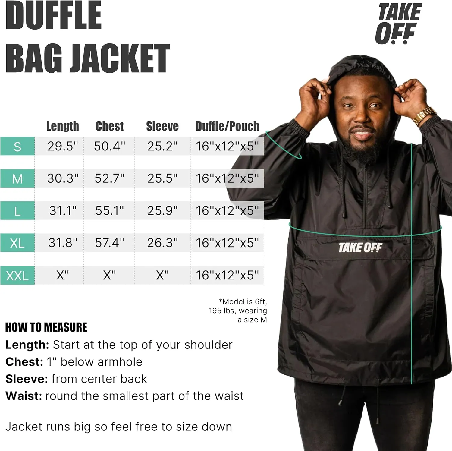 TAKE OFF 3-in-1 Convertible Waterproof Rain Jacket & Travel Duffle Bag for Men & Women  Lightweight Packable Windbreaker with Kangaroo Pocket, Go from Pouch to Jacket for Hiking, Commuting & Outdoors