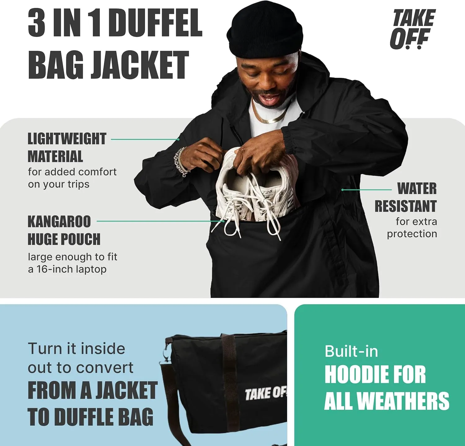 TAKE OFF 3-in-1 Convertible Waterproof Rain Jacket & Travel Duffle Bag for Men & Women  Lightweight Packable Windbreaker with Kangaroo Pocket, Go from Pouch to Jacket for Hiking, Commuting & Outdoors