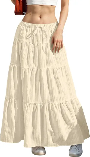 Tiered Long Skirts for Women Vacation A-Line Boho Pleated Skirt Summer High Waist Drawstring Flowy Swing Maxi Skirts