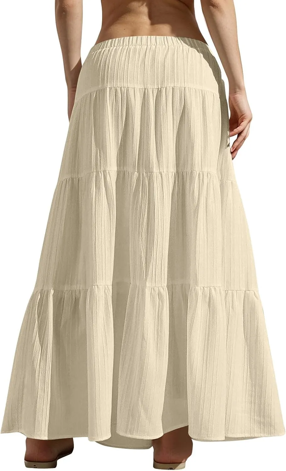 Tiered Long Skirts for Women Vacation A-Line Boho Pleated Skirt Summer High Waist Drawstring Flowy Swing Maxi Skirts