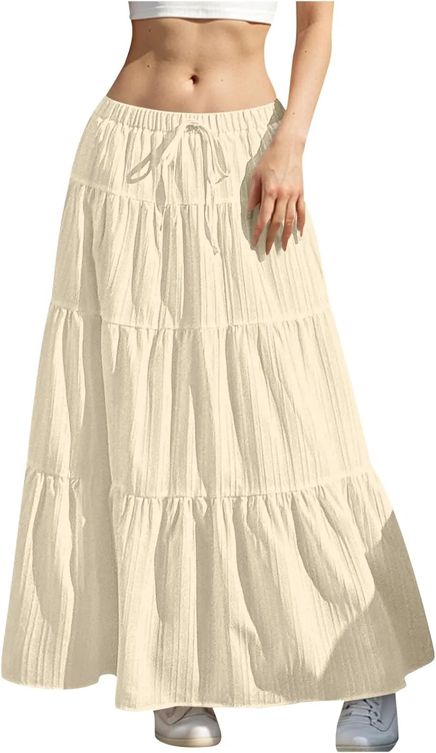 Tiered Long Skirts for Women Vacation A-Line Boho Pleated Skirt Summer High Waist Drawstring Flowy Swing Maxi Skirts