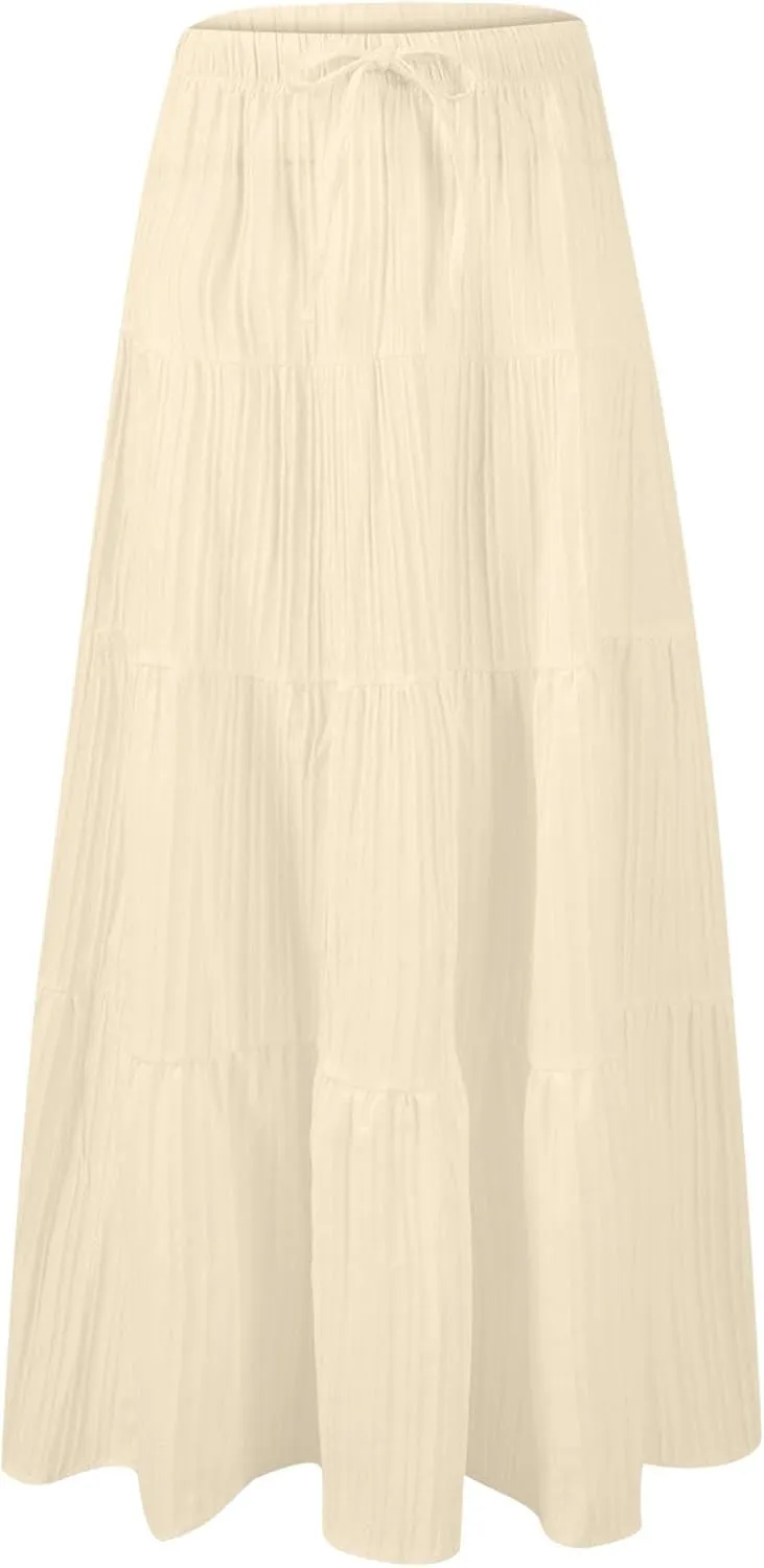 Tiered Long Skirts for Women Vacation A-Line Boho Pleated Skirt Summer High Waist Drawstring Flowy Swing Maxi Skirts