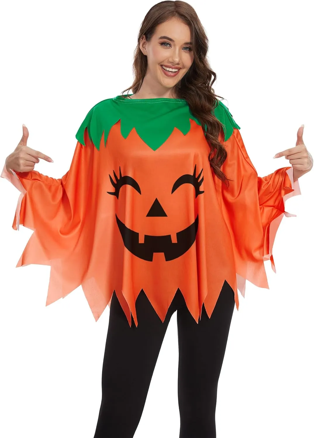 TMSD 3PCS Halloween Pumpkin Poncho for Women Pumpkin Costume with Headband and Candy Bag
