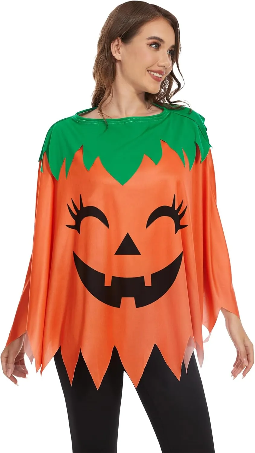 TMSD 3PCS Halloween Pumpkin Poncho for Women Pumpkin Costume with Headband and Candy Bag