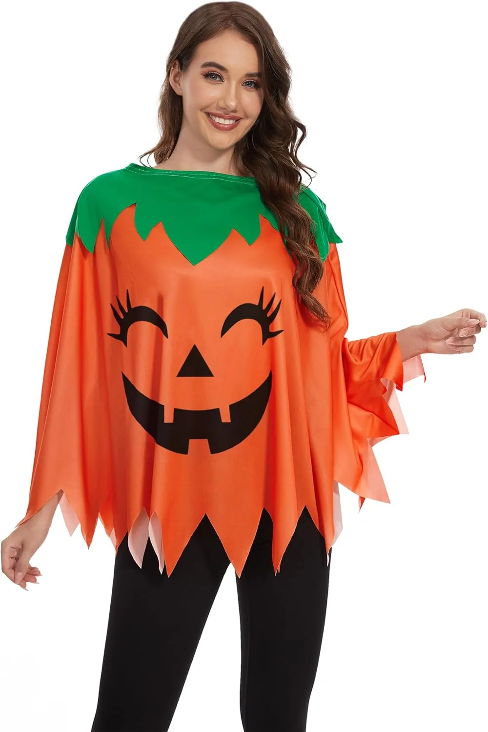 TMSD 3PCS Halloween Pumpkin Poncho for Women Pumpkin Costume with Headband and Candy Bag
